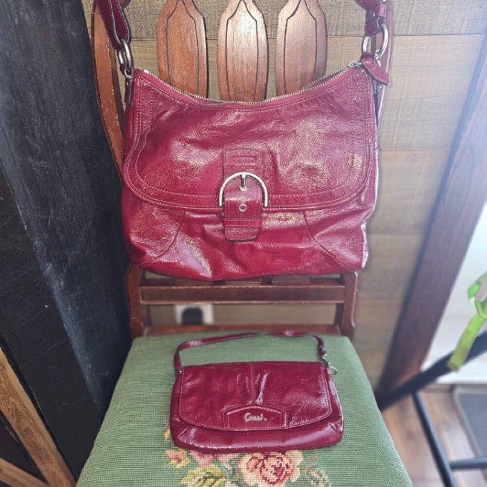 Coach Soho Patent Leather Cranberry Buckle Hobo with Wristlet